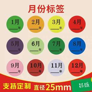 25mm彩色月份数字贴纸 12月季 度分类标签不干胶 圆形月份标签贴