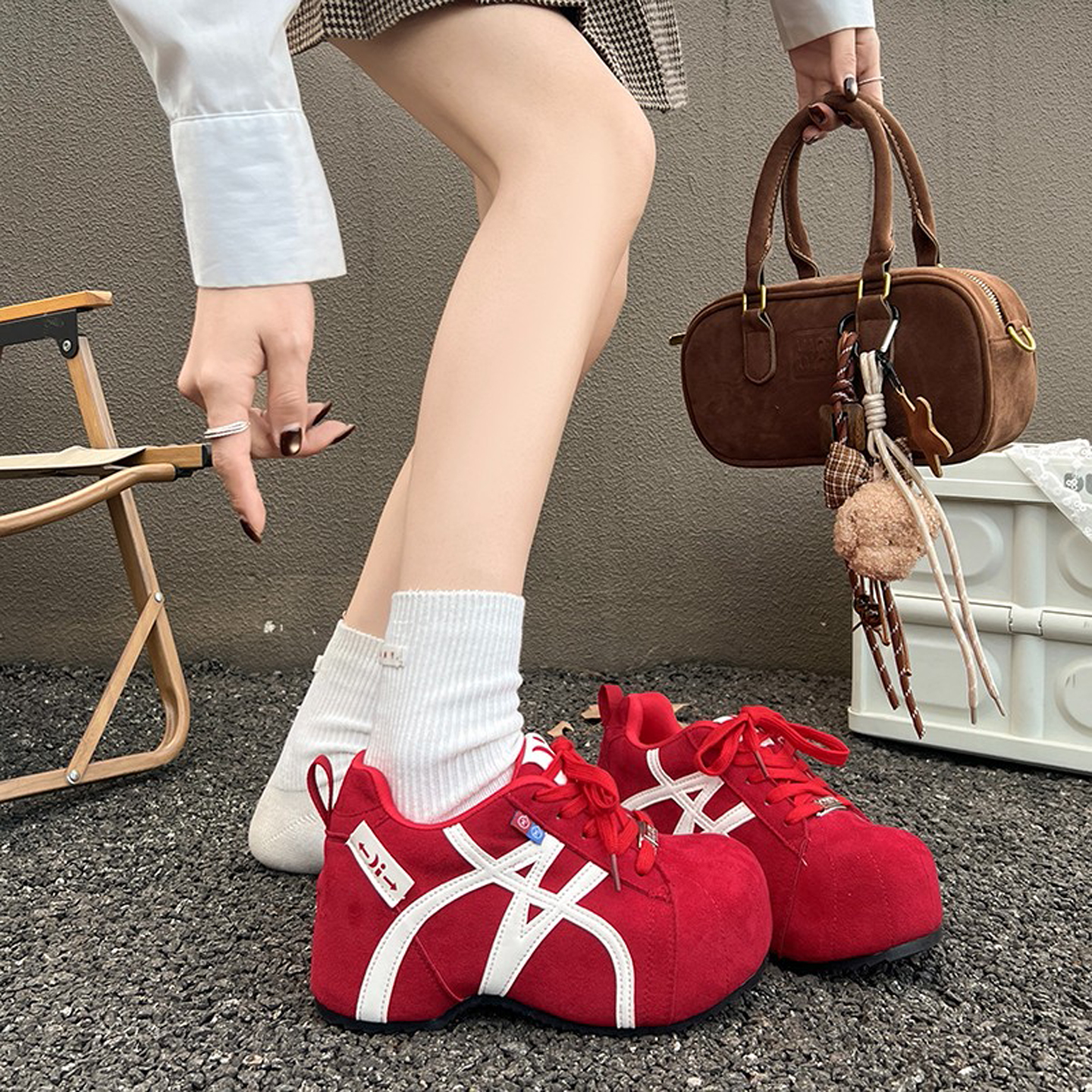 芭蕾复古真皮红色厚底德训鞋