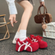 休闲运动鞋 芭蕾复古真皮红色厚底德训鞋 女小个子内增高系带阿甘鞋