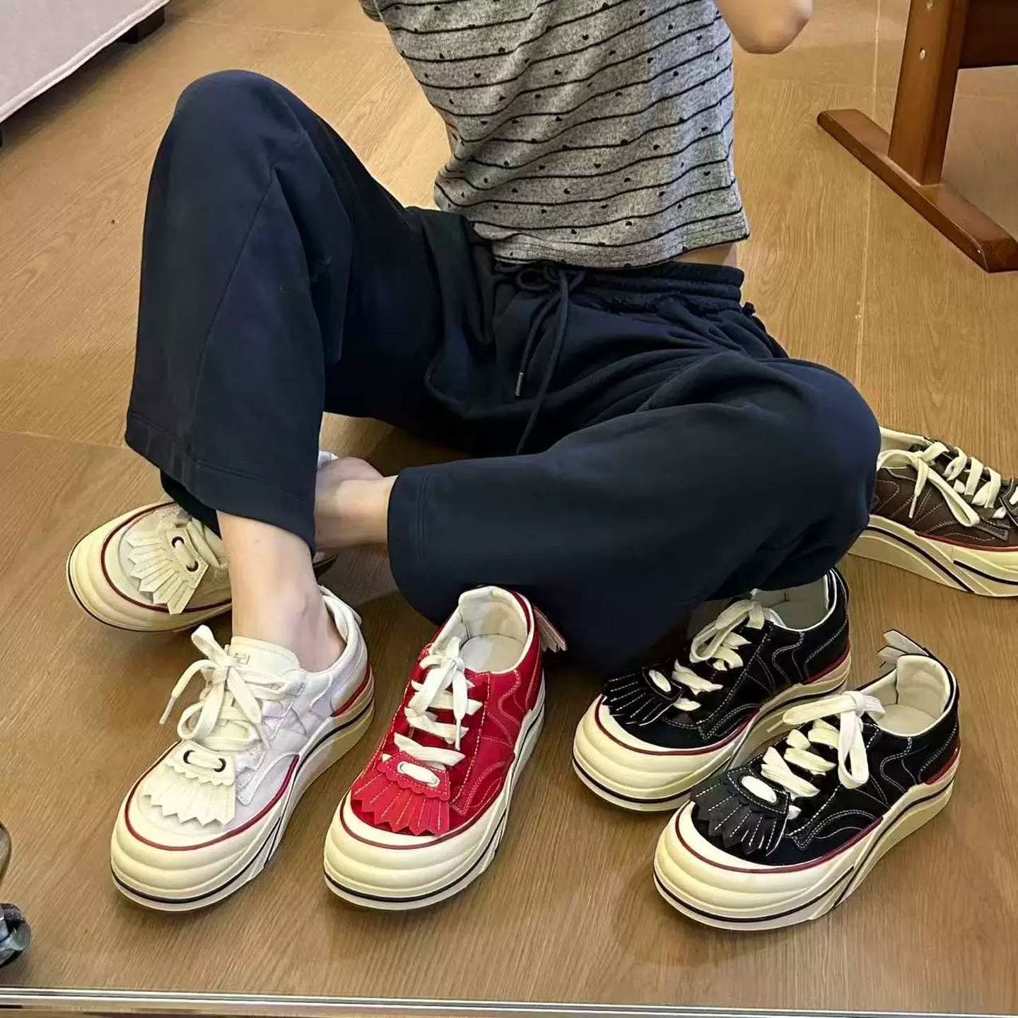 厚底增高流苏系带玛丽珍板鞋女图片