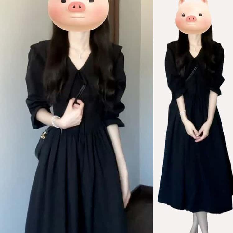 黑色法式长袖连衣裙子女微胖秋季年新款气质高级感超好看长裙