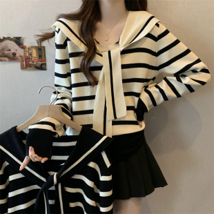 海军领高级感百搭宽松圆领撞色条纹毛衣针织衫 女装 2024秋冬新款