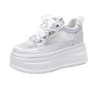 蕾丝网面板鞋女网鞋厚底2026夏季新款轻便丝带内增高8cm小白鞋女