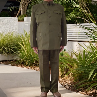 老式全新65胶木扣马裤呢中山装 中老年爸爸中山服毛料马裤呢套装