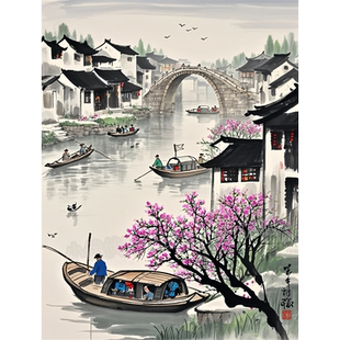 水墨风景山水人家小镇客厅卧室墙遮瑕装 防水不干胶贴纸 饰自粘中式