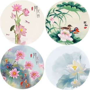 圆形荷花风景客厅卧室出租房浴室自粘贴古风壁纸防水款 不干胶贴纸