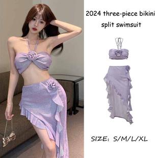 新款 网红少女海边度温泉假吊带花朵挂脖背心不规则开叉半身裙套装