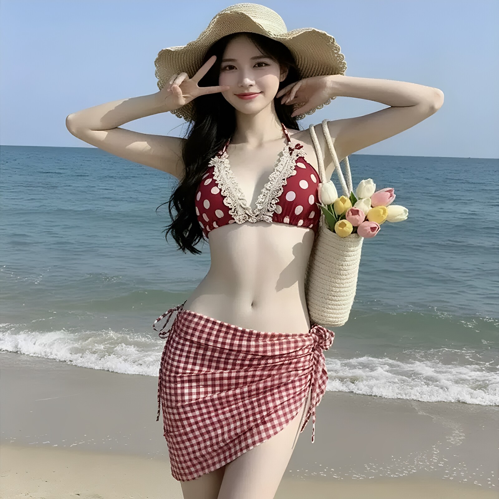 新款红色波点蕾丝花边比基尼女分体式性感沙滩海边温泉度假泳衣
