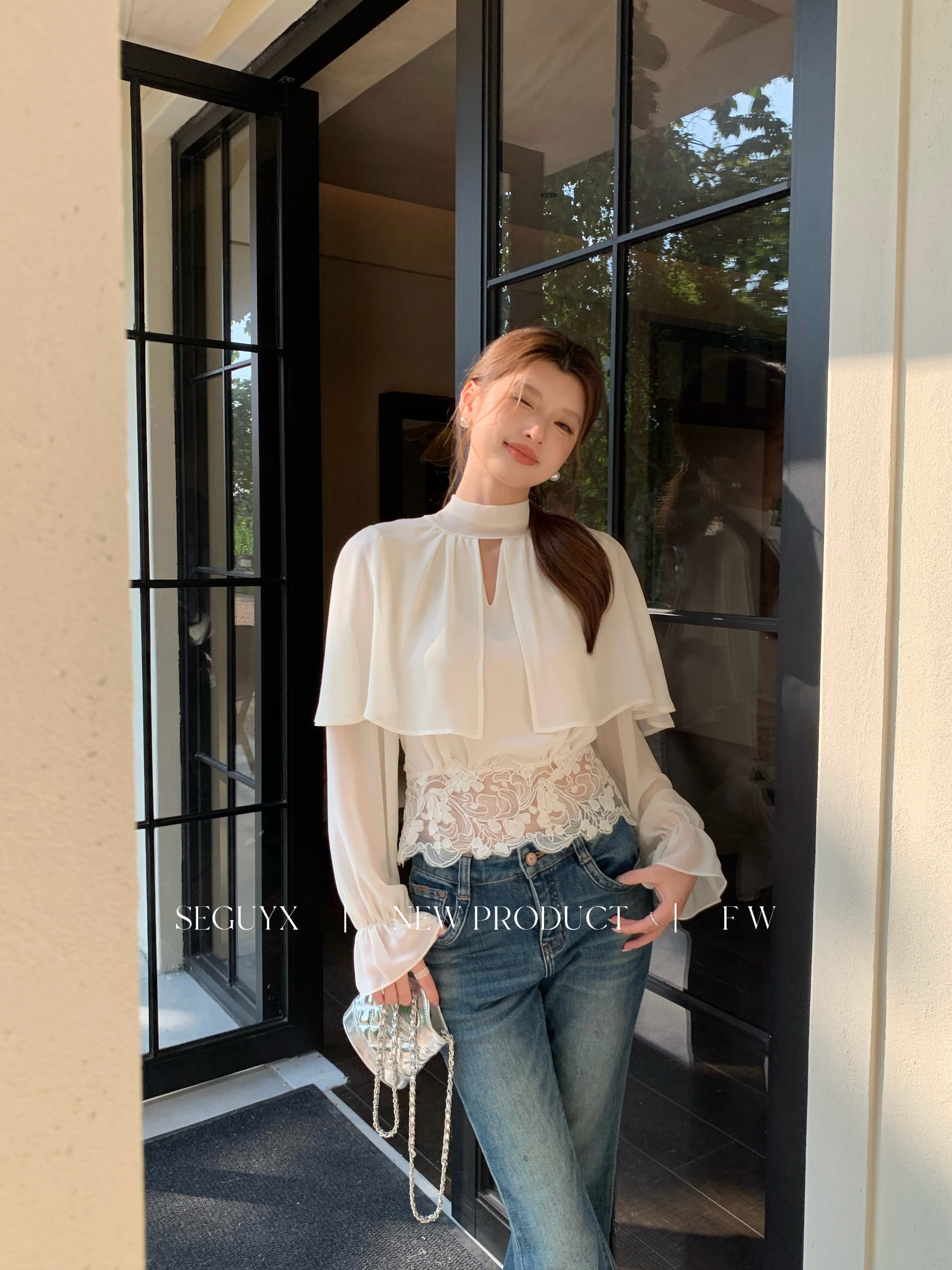Soft tulle lace trimmed ~ layered shawl design chiffon shirt, gentle commuting long-sleeve short top that covers flesh