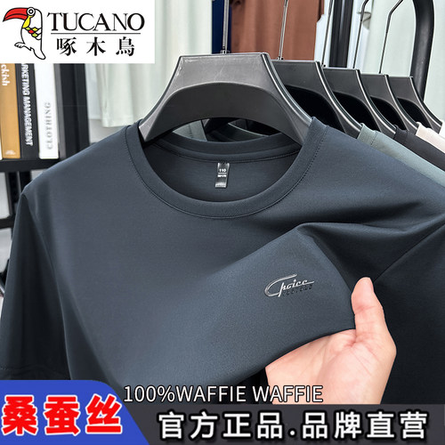 啄木鸟100%桑蚕丝短袖t恤男士