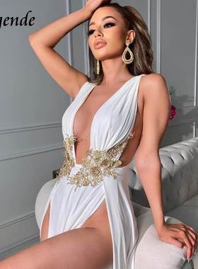 Floral Appliques Night Club Dress Women High Split Wedding