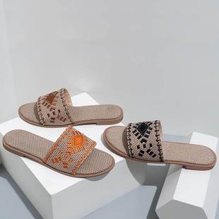 欧美夏新款亚麻平底女拖鞋外穿Flat Sandals Slippers For Ladies