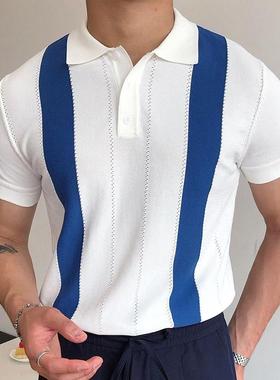 2023欧美男士夏季短袖针织衫白色条纹修身POLO衫潮Men's T-sh