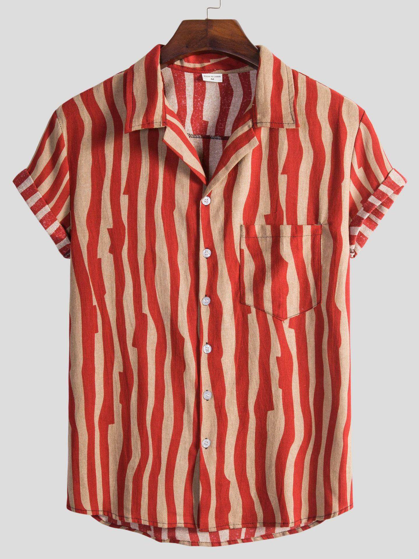 潮流薄款短袖衬衣男2023夏欧美条纹花衬衫立领休闲上衣Men shirt
