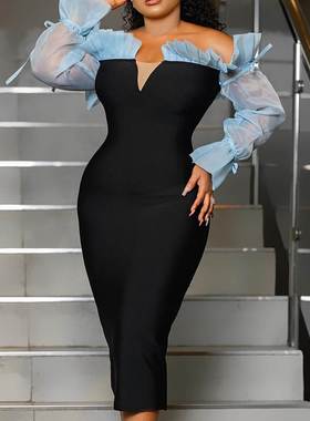 2022新款欧美荷叶边一字肩连衣裙Sexy Ruffled OneShoulder Dress