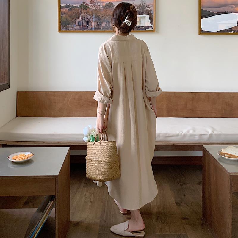 亚马逊慵懒风简约超长款过膝衬衣纯色翻领开衫衬衫Cotton dress