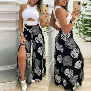 Tropical Print Set套装 Crop Pants Tops Leg Cutout Wide