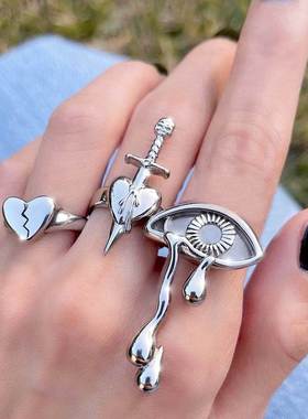 流泪眼睛戒指女设计感小众关节戒指套装复古黑白格指环Ring set