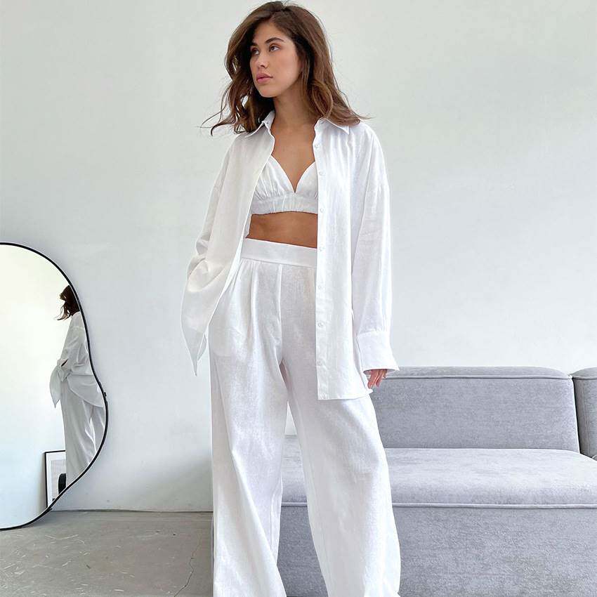 Casual Shirts Lace-Up Wide Leg Pants Women Set Summer Loose