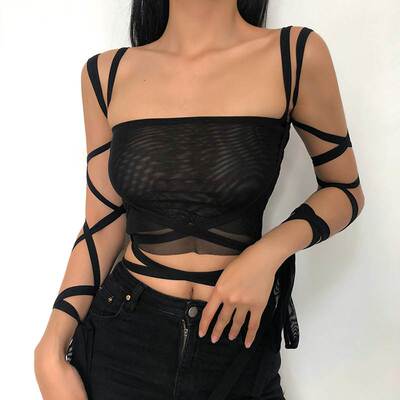 2022Black Mesh Lace Up Bandage Crop Top Women Goth Tanks Y2k