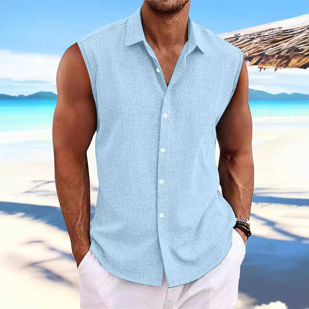 2025新款夏威夷无袖衬衣男士夏季大码背心翻领休闲衬衫Men's vest