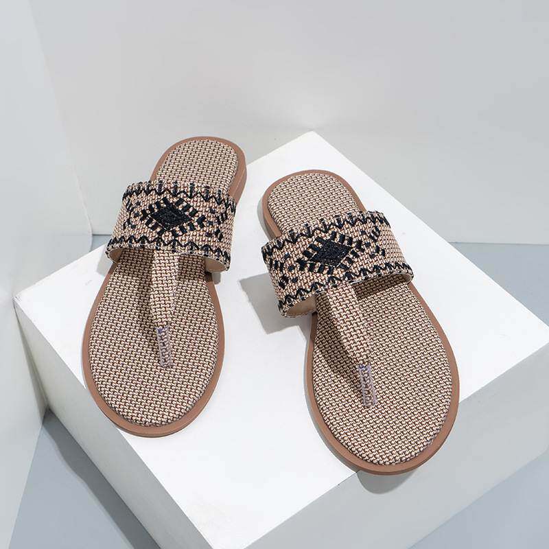 欧美平底亚麻人字夹凉拖女Summer Flat Sandals Flip Flops Women