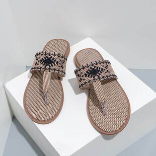 欧美平底亚麻人字夹凉拖女Summer Flat Sandals Flip Flops Women
