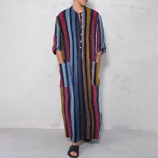 Shirt Men 条纹长袍衬衫 Stripes 男士 Print Robes Button Muslim