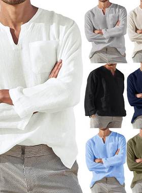 2023欧美新款男士宽松大码长袖V领T恤休闲沙滩衬衫Men's T-sh