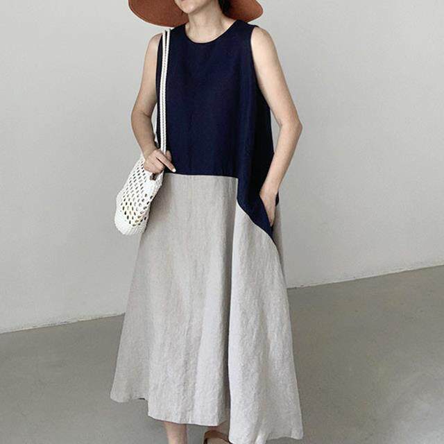 2024日系简约百搭圆领撞色拼接宽松过膝长款大摆棉麻背心连衣裙