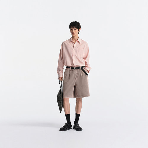 MODE COMMUTER| MC立体条纹混纺环保染色透气性亚麻混纺翻领衬衫