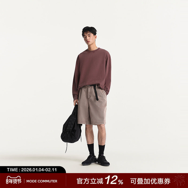 MODE COMMUTER| MC全棉复古做旧平纹针织休闲微阔圆领长袖T恤,男装,T恤,淘宝优惠券,粉丝福利购,淘宝优惠卷