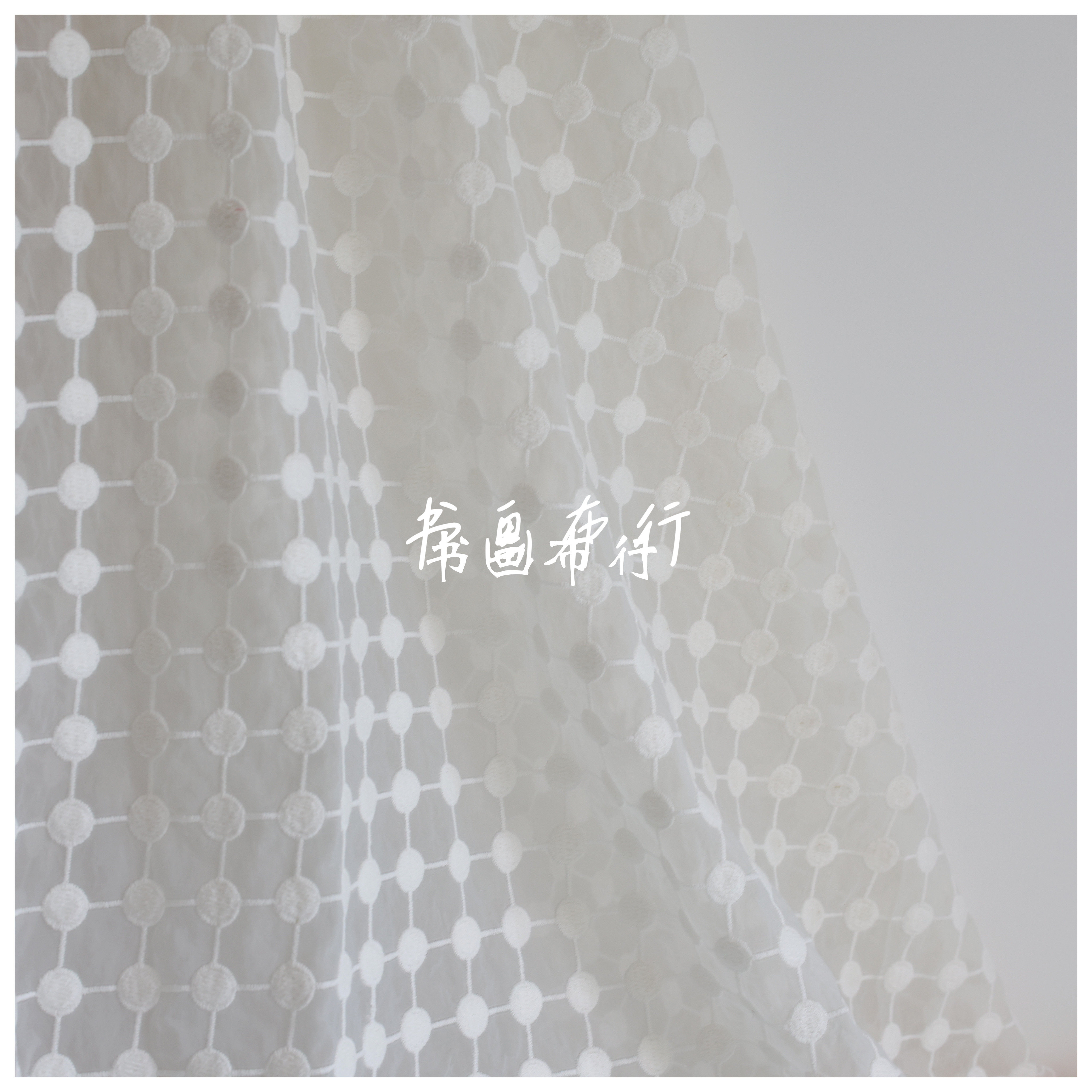 白色棋盘圆点透明底精致刺绣布欧根纱面料连衣裙童装礼服布料