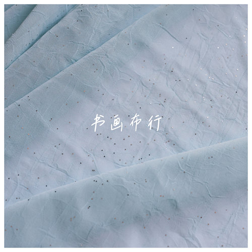 垂感半透明 淡蓝色亮片不规则肌理压皱雪纺欧根纱布料 汉服面料