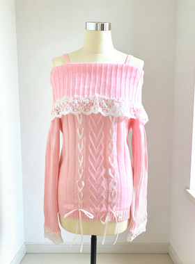 BLACKSHEEP黑羊甜美一字肩针织衫宽松显瘦蕾丝蝴蝶结毛衣上衣春秋