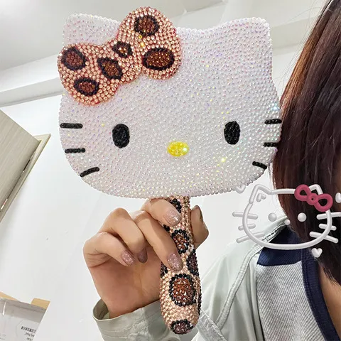 猫咪diy手持贴钻化妆镜公主礼物手工豹纹送生日KThellokitty镜子
