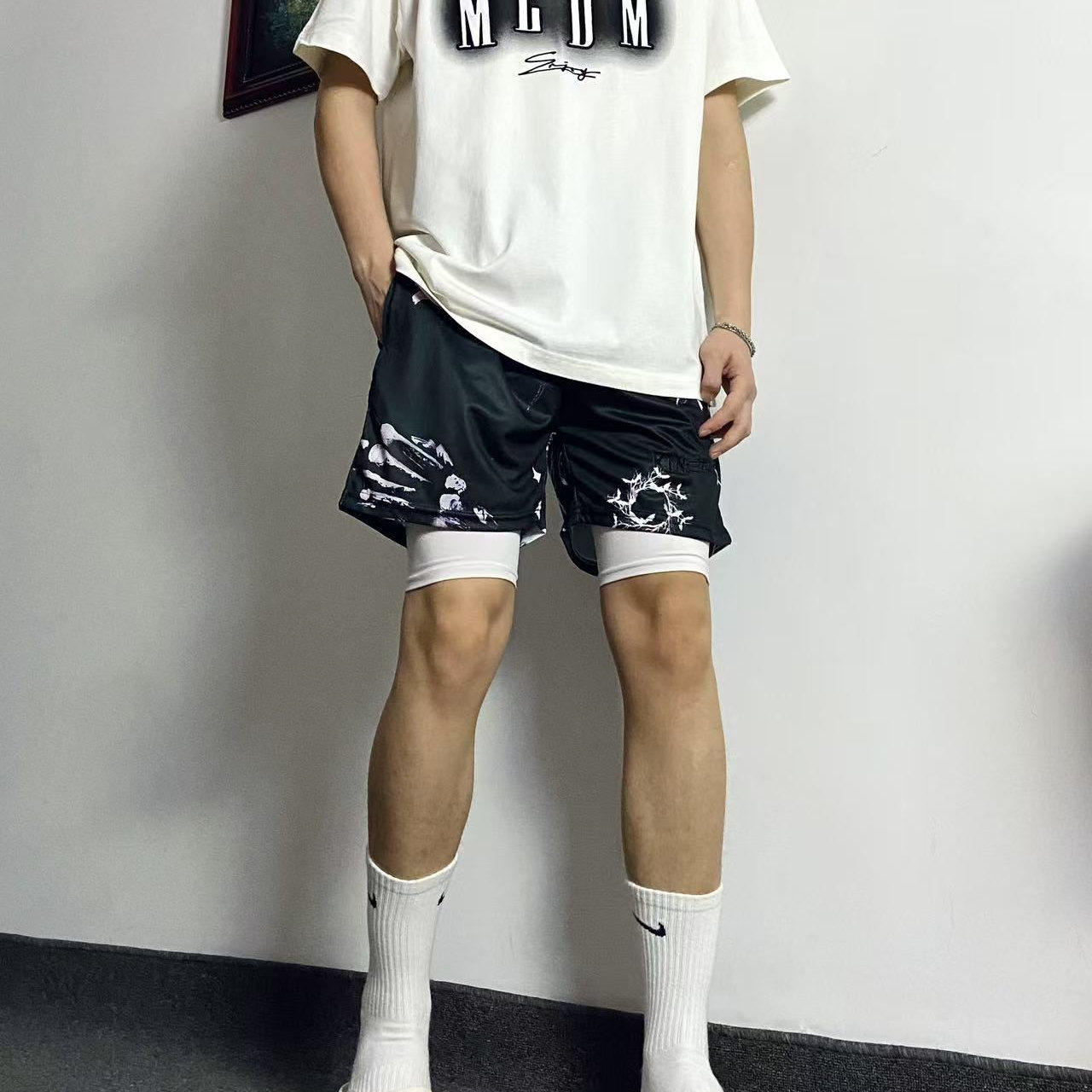 二合一美式风骷髅复古篮球短裤男夏季高街四分速干假两件运动裤子
