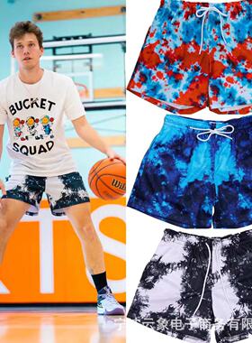 美式潮牌BKTSQD泼墨风短裤男士四分运动休闲网眼速干不过膝篮球裤