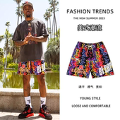 男复古运动四分休闲宽松不过膝训练篮球裤 涂鸦印花欧美式 街头短裤