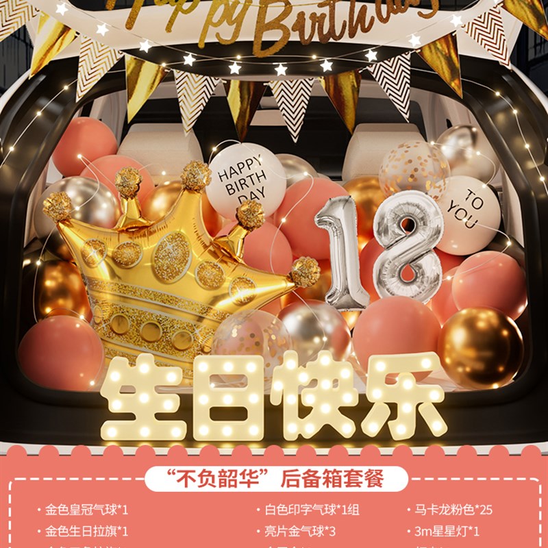 18岁生日布置后备箱惊喜成人女儿快乐装饰场景仪式U感女生车尾气