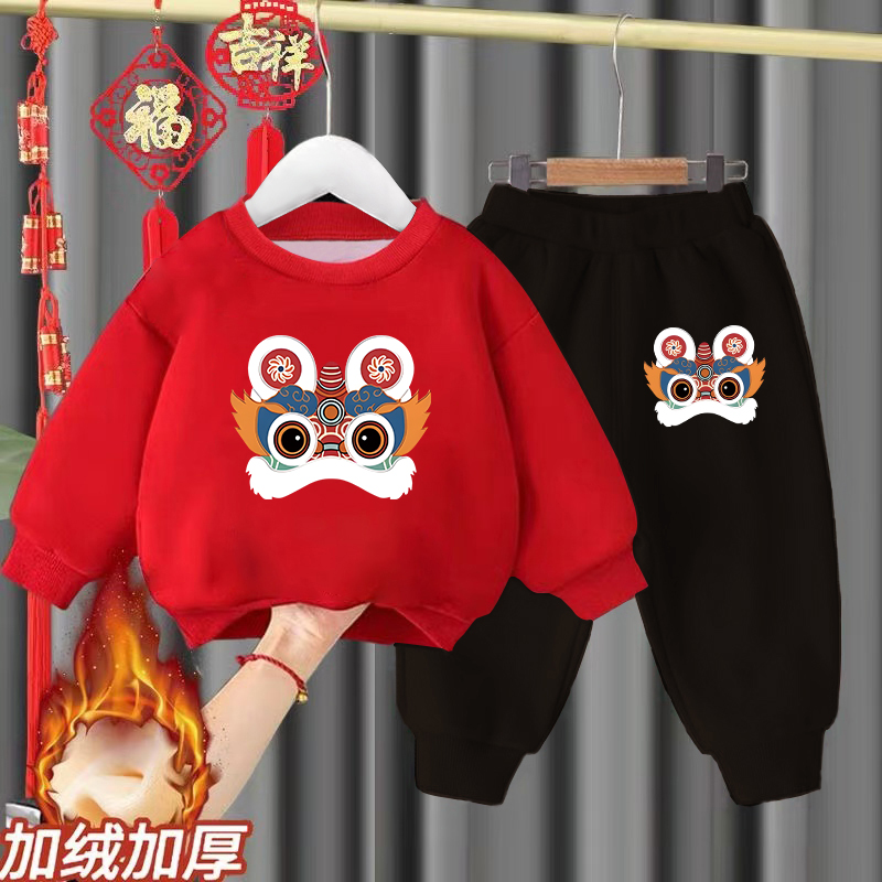 2026马年宝宝红色新年喜庆儿童圆领卫衣套装两件套男童女童拜年服