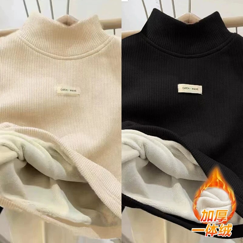 秋冬季2025男童女童加绒加厚儿童德绒打底衫T恤半高领一体绒上衣