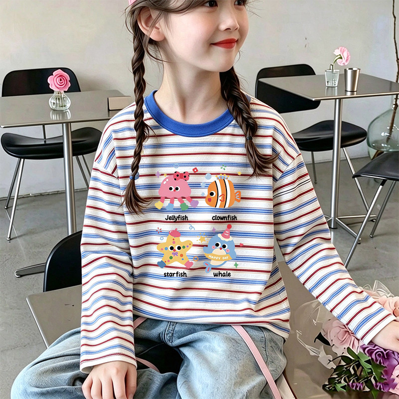 女童新款条纹纯棉长袖T恤春秋季可爱印花中小童薄款宽松舒适上衣