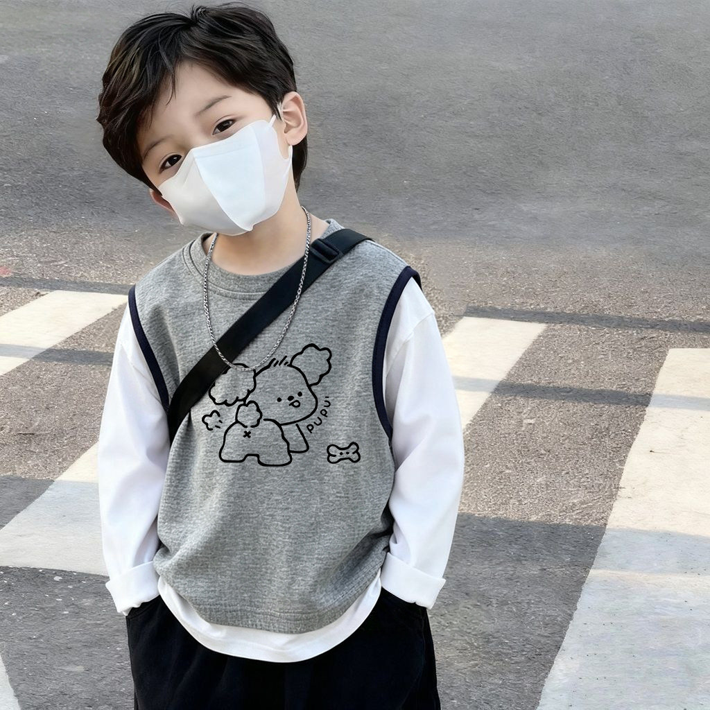 男童春秋季韩系纯棉新款假两件长袖T恤中小童百搭洋气宽松上衣服
