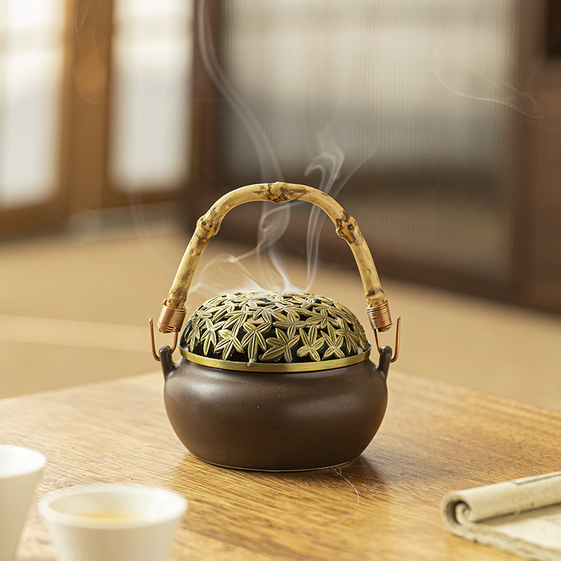 中式复古陶瓷香薰炉竹柄提梁香炉