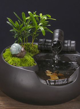 中式创意流水摆件招财简约办公室家居植物盆景陶瓷循环水开业礼品