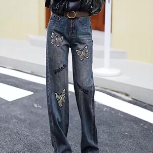 美式重工钉珠蝴蝶刺绣字母高腰直筒裤2025秋冬加绒烫钻牛仔裤女