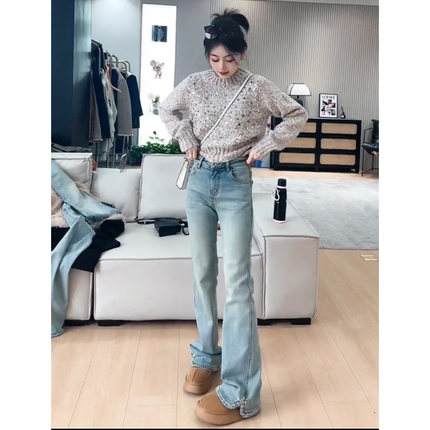 设计款复古小开叉微喇加绒牛仔裤女秋冬款软糯修身显瘦百搭马蹄裤