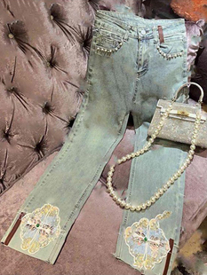 复古重工钉珠国风刺绣牛仔裤女2025年夏季新款文艺轻奢九分直筒裤