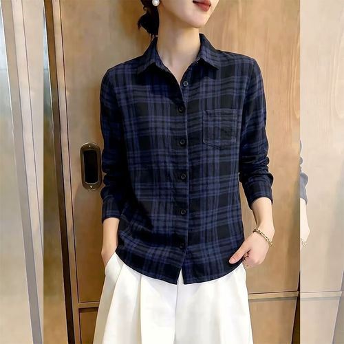 秋季新款格子翻领宽松显瘦衬衫女